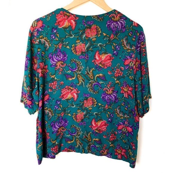 Vintage Alfred Dunner Teal Floral Damask Print Short Sleeve Shirt - Picture 5 of 9